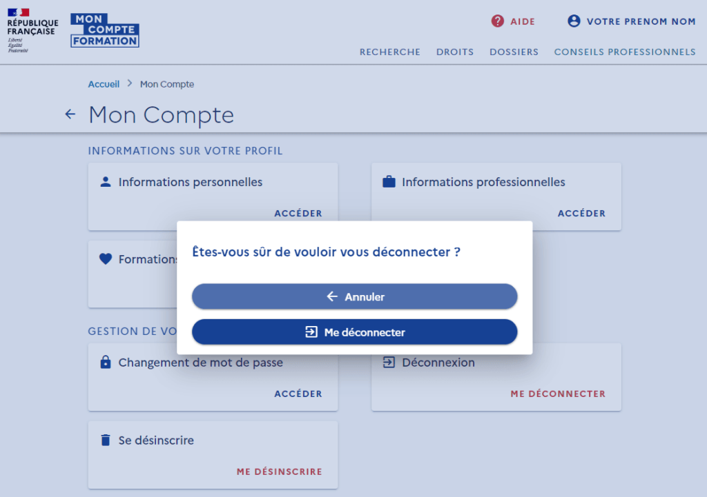 Déconnexion de moncompteformation.gouv.fr
