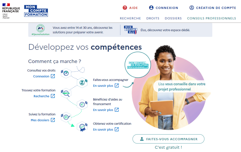 Page d'accueil du site moncompteformation.gouv.fr